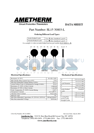 SL1530003-L datasheet - Circuit Protection Thermistors