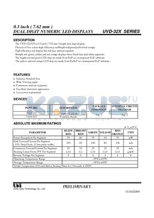 UVD-322 datasheet - 0.3 inch ( 7.62 mm ) DUAL DIGIT NUMERIC LED DISPLAYS