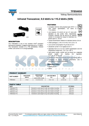 TFBS4650 datasheet - Infrared Transceiver, 9.6 kbit/s to 115.2 kbit/s (SIR)