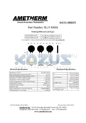 SL1560004-B datasheet - Circuit Protection Thermistors