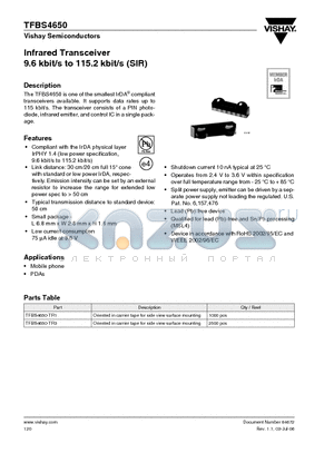 TFBS4650 datasheet - Infrared Transceiver 9.6 kbit/s to 115.2 kbit/s (SIR)