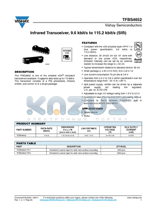 TFBS4652 datasheet - Infrared Transceiver, 9.6 kbit/s to 115.2 kbit/s (SIR)