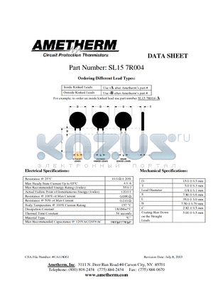SL157R004 datasheet - Inside Kinked Leads Use -A after Ametherms part # Outside Kinked Leads Use -B after Ametherms part #