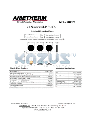 SL157R005 datasheet - Inside Kinked Leads Use -A after Ametherms part # Outside Kinked Leads Use -B after Ametherms part #