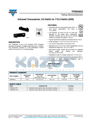 TFBS4652-TR1 datasheet - Infrared Transceiver, 9.6 kbit/s to 115.2 kbit/s (SIR)