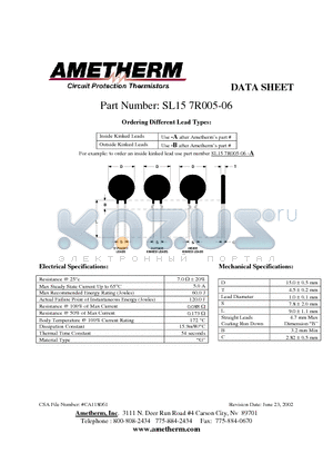 SL157R005-06 datasheet - Inside Kinked Leads Use -A after Ametherms part # Outside Kinked Leads Use -B after Ametherms part #