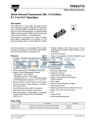 TFBS4710 datasheet - Serial Infrared Transceiver SIR, 115.2 kbit/s, 2.7 V to 5.5 V Operation