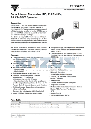 TFBS4711 datasheet - Serial Infrared Transceiver SIR, 115.2 kbit/s, 2.7 V to 5.5 V Operation