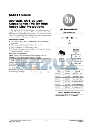 SL15T3 datasheet - 300 Watt, SOT-23 Low Capacitance TVS for High Speed Line Protections