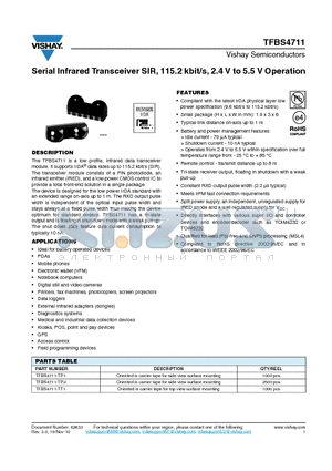 TFBS4711 datasheet - Serial Infrared Transceiver SIR, 115.2 kbit/s, 2.4 V to 5.5 V Operation