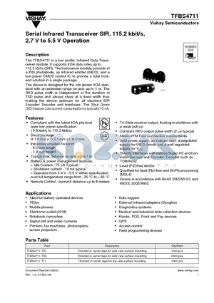 TFBS4711-TR3 datasheet - Serial Infrared Transceiver SIR, 115.2 kbit/s, 2.7 V to 5.5 V Operation