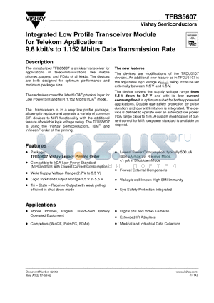 TFBS5607 datasheet - Integrated Low Profile Transceiver Module for Telekom Applications 9.6 kbit/s to 1.152 Mbit/s Data Transmission Rate