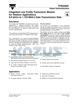 TFBS5607-TR3 datasheet - Integrated Low Profile Transceiver Module for Telekom Applications 9.6 kbit/s to 1.152 Mbit/s Data Transmission Rate