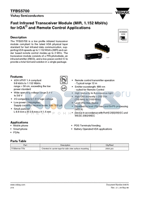 TFBS5700 datasheet - Fast Infrared Transceiver Module (MIR, 1.152 Mbit/s) for IrDA^ and Remote Control Applications