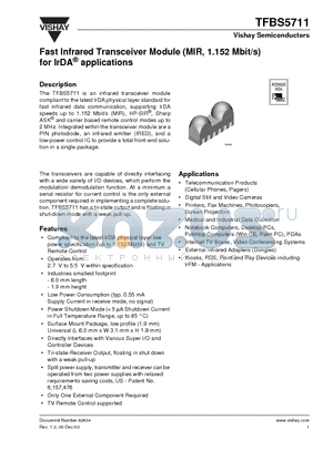 TFBS5711 datasheet - Fast Infrared Transceiver Module (MIR, 1.152 Mbit/s) for IrDA