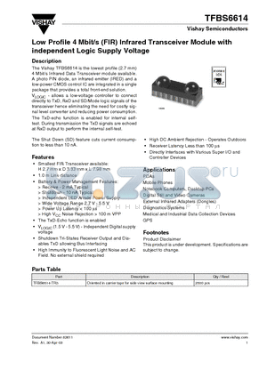 TFBS6614 datasheet - Low Profile 4 Mbit/s (FIR) Infrared Transceiver Module with independent Logic Supply Voltage