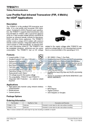 TFBS6711 datasheet - Low Profile Fast Infrared Transceiver (FIR, 4 Mbit/s) for IrDA Applications