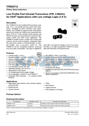 TFBS6712-TR1 datasheet - Low Profile Fast Infrared Transceiver (FIR, 4 Mbit/s) for IrDA Applications with Low voltage Logic (1.8 V)