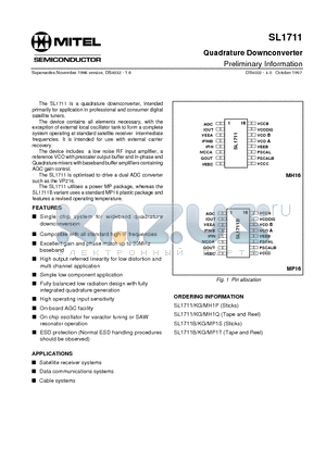 SL1711 datasheet - Quadrature Downconverter