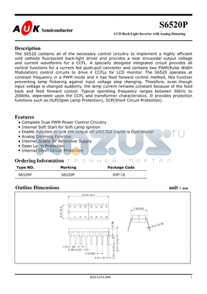 S6520P datasheet - LCD Back Light Inverter with Analog Dimming