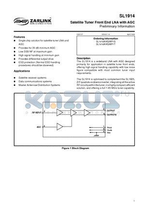 SL1914AKG datasheet - SATELLITE TUNER FRONT END LNA WITH AGC