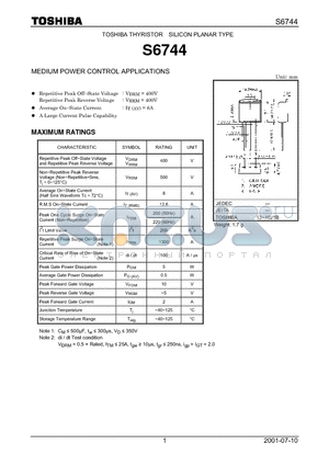 S6744 datasheet - TOSHIBA THYRISTOR SILICON PLANAR TYPE