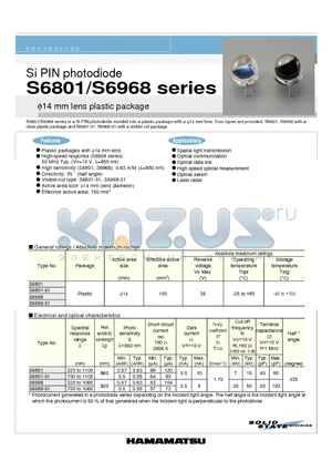 S6801 datasheet - Si PIN photodiode v14 mm lens plastic package