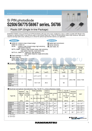 S6967-01 datasheet - Si PIN photodiode Plastic SIP (Single In-line Package)