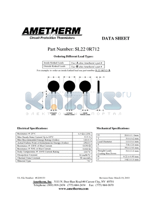 SL220R712 datasheet - Inside Kinked Leads Use -A after Ametherms part # Outside Kinked Leads Use -B after Ametherms part #