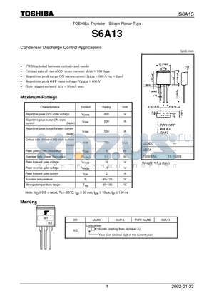 S6A13 datasheet - TOSHIBA Thyristor Silicon Planar Type