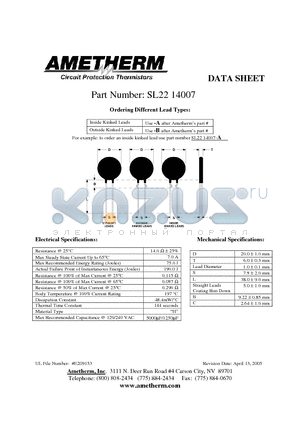 SL2214007-A datasheet - Circuit Protection Thermistors