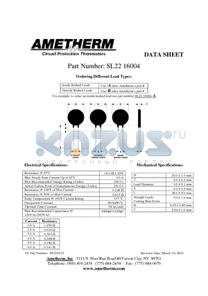 SL2216004 datasheet - Circuit Protection Thermistors