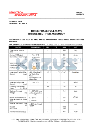 S6A320 datasheet - THREE PHASE FULL WAVE BRIDGE RECTIFIER ASSEMBLY