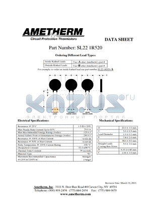 SL221R520 datasheet - Inside Kinked Leads Use -A after Ametherms part # Outside Kinked Leads Use -B after Ametherms part #