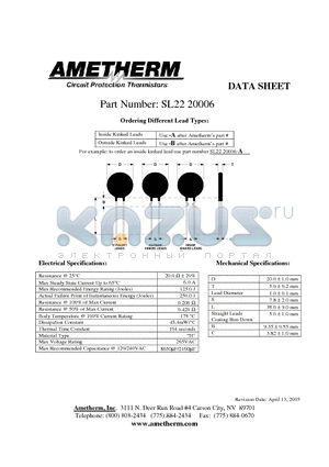 SL2220006 datasheet - Inside Kinked Leads Use -A after Ametherms part # Outside Kinked Leads Use -B after Ametherms part #