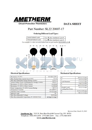 SL2220007-17 datasheet - Inside Kinked Leads Use -A after Ametherms part # Outside Kinked Leads Use -B after Ametherms part #