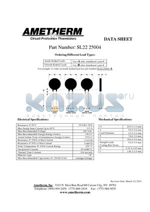 SL2225004 datasheet - Inside Kinked Leads Use -A after Ametherms part # Outside Kinked Leads Use -B after Ametherms part #