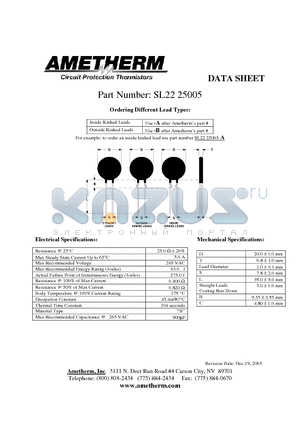 SL2225005 datasheet - Inside Kinked Leads Use -A after Ametherms part # Outside Kinked Leads Use -B after Ametherms part #