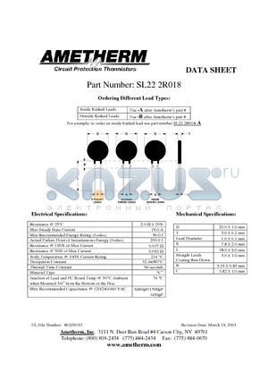 SL222R018 datasheet - Inside Kinked Leads Use -A after Ametherms part # Outside Kinked Leads Use -B after Ametherms part #