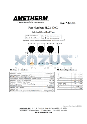 SL2247003 datasheet - Inside Kinked Leads Use -A after Ametherms part # Outside Kinked Leads Use -B after Ametherms part #