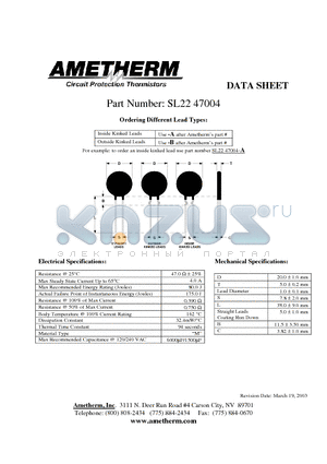 SL2247004 datasheet - Inside Kinked Leads Use -A after Ametherms part # Outside Kinked Leads Use -B after Ametherms part #