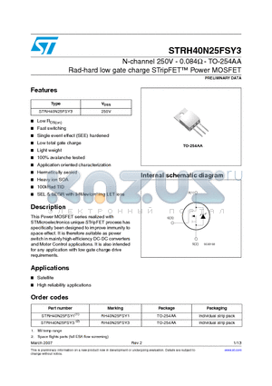 STRH40N25FSY1 datasheet - N-channel 250V - 0.084ohm - TO-254AA Rad-hard low gate charge STripFET TM Power MOSFET