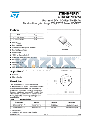 STRH50P6FSY1 datasheet - P-channel 60V - 0.047Y - TO-254AA Rad-hard low gate charge STripFET Power MOSFET