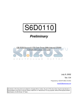 S6D0110 datasheet - 132 RGB Source & 176 Gate Driver With Internal GRAM FOR 65,536 Colors TFT-LCD