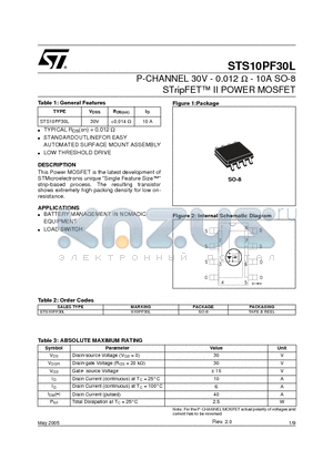 STS10PF30L datasheet - P-CHANNEL 30V - 0.012Ohm - 10A SO-8 STripFET II POWER MOSFET