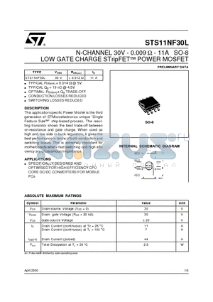 STS11NF30L datasheet - N-CHANNEL 30V - 0.009 ohm - 11A SO-8 LOW GATE CHARGE STripFET POWER MOSFET