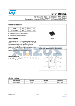 STS11NF30L datasheet - N-channel 30V - 0.0085Y - 11A SO-8 Low gate charge STripFET II Power MOSFET