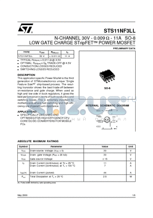 STS11NF3LL datasheet - N-CHANNEL 30V - 0.009 ohm - 11A SO-8 LOW GATE CHARGE STripFET POWER MOSFET