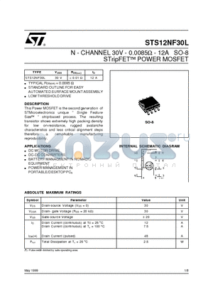 STS12NF30L datasheet - N - CHANNEL 30V - 0.0085W - 12A SO-8 STripFET  POWER MOSFET