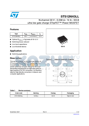 STS12NH3LL datasheet - N-channel 30 V - 0.008 Y - 12 A - SO-8 ultra low gate charge STripFET Power MOSFET